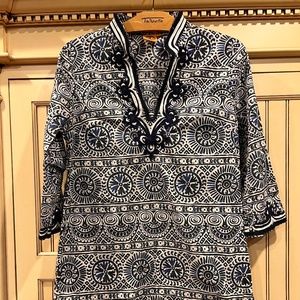 Tory Burch Resort Mini Dress in Blue and White with Mandarin Collar